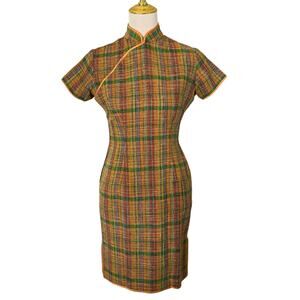 Vintage 1960s Orange Plaid Wiggle Dress Asian Mandarin Collar Womens Size XS